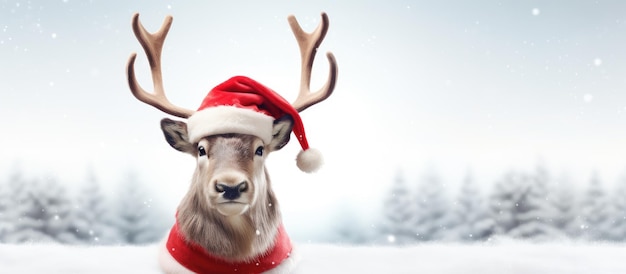 Ilustração 3D de renas com nariz vermelho e chapéu de Papai Noel contra um pano de fundo branco