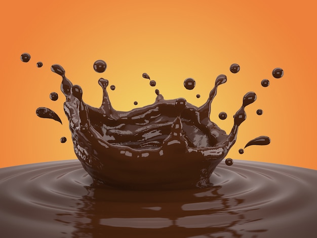 Ilustração 3D de respingo de chocolate no fundo gradiente amarelo