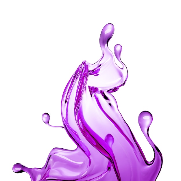 Foto ilustração 3d de respingo de líquido violeta transparente