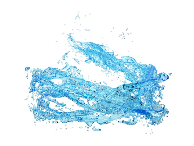 Ilustração 3D de respingos de água azul em fundo branco com cl