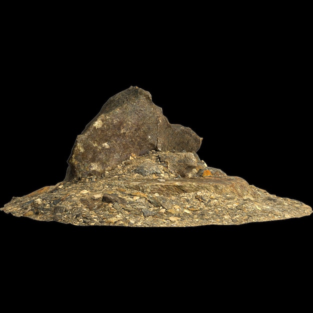 Foto ilustração 3d de rochas na prateleira de cascalho isoladas em fundo preto