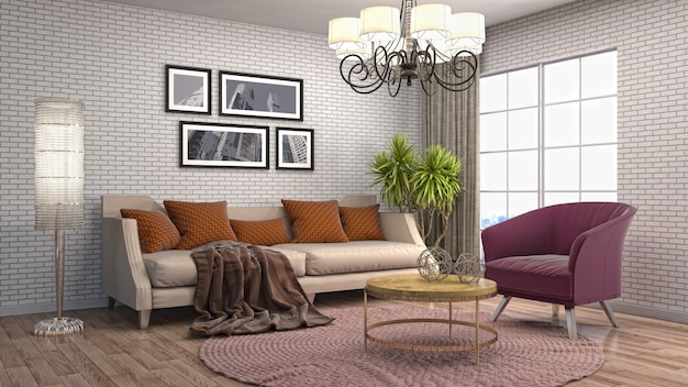 Ilustração 3d de sala de estar interior