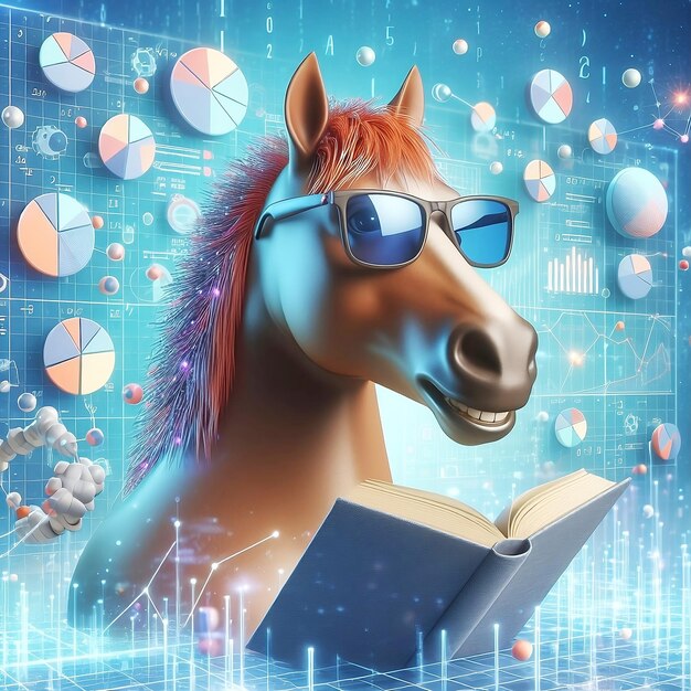 Ilustração 3D de sorriso de cavalo com óculos de sol lendo livro e resolvendo análise de dados matemáticos