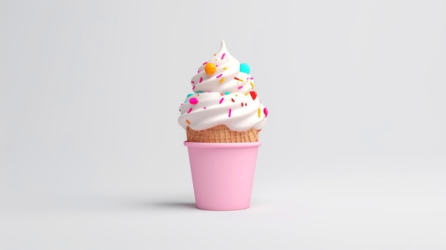 Ilustração 3D de sorvete fofo multicolorido em cone estilo wafer. comida doce, cupcake, ilustração de IA generativa