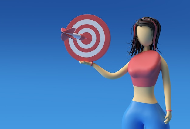 Foto ilustração 3d de standing woman holding target marketing concept, 3d render design.