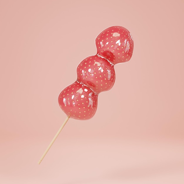 Ilustração 3D de Tanghulu ou um morango revestido de açúcar em espeto isolado em fundo rosa