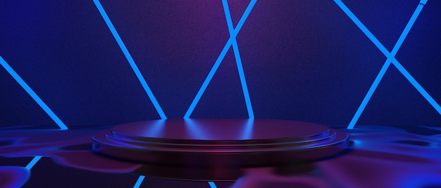 Ilustração 3D de tecnologia exibição futurista de cyberpunk jogos scifi palco pedestal fundo gamer bandeira sinal de brilho de néon estande pódio para venda de produtos