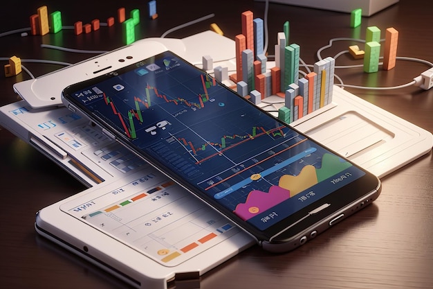 Ilustração 3D de telefone inteligente com conceito de negócio de gráfico de negociação de ações