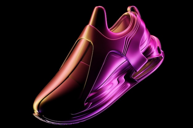 Ilustração 3D de tênis coloridos com solas de espuma e fechamento sob cor de néon em um fundo preto Tênis de lado Tênis à moda