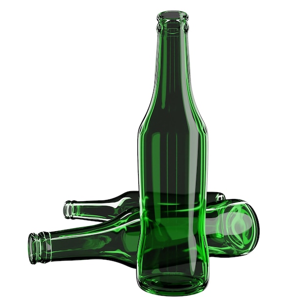 Ilustração 3d de três garrafas de cerveja de vidro verde sobre fundo branco isolado