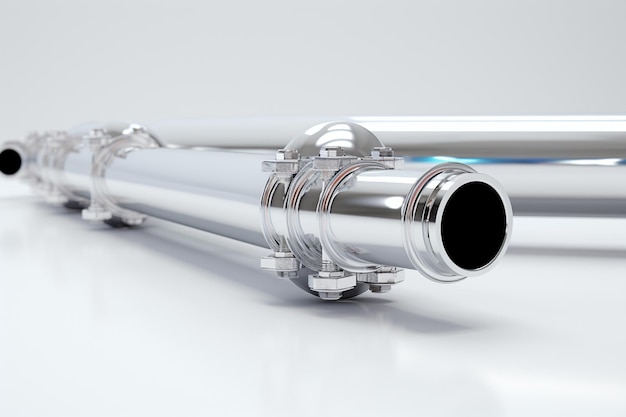 Ilustração 3D de tubos metálicos em fundo branco com espaço de cópia
