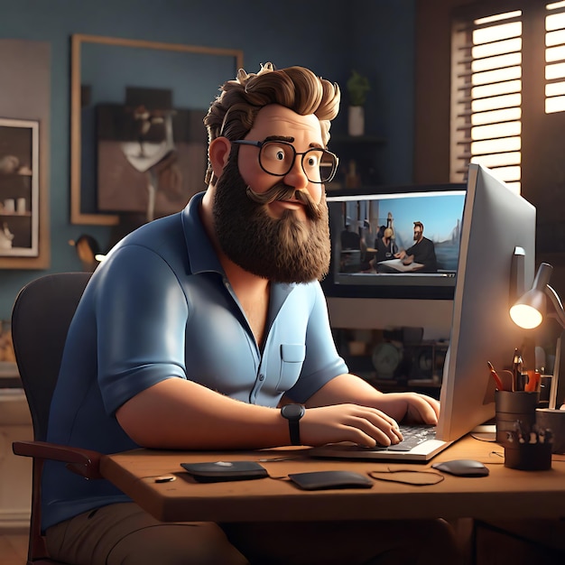 Foto ilustração 3d de um animado a big man with beard editando um vlog em seu computador
