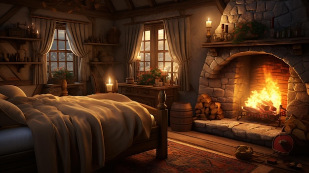 Ilustração 3D de um antigo quarto medieval