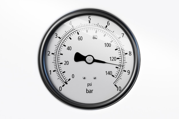 ilustração 3D de um barômetro redondo com marcações de até 140 em um fundo branco isolado