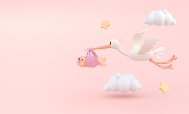 Ilustração 3D de um bebê carregando uma cegonha