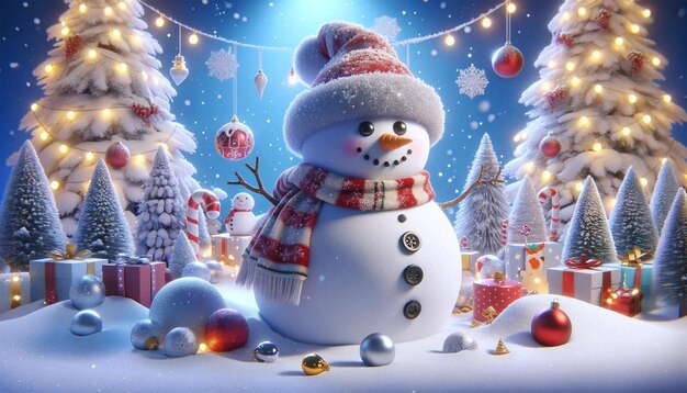 Ilustração 3d de um boneco de neve com decorações de natal