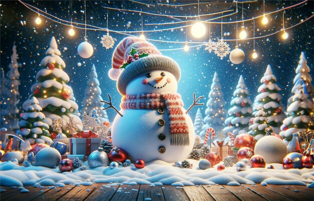 Ilustração 3d de um boneco de neve com decorações de natal