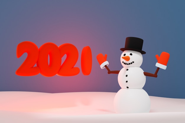 Ilustração 3D de um boneco de neve de Natal perto da inscrição 2021