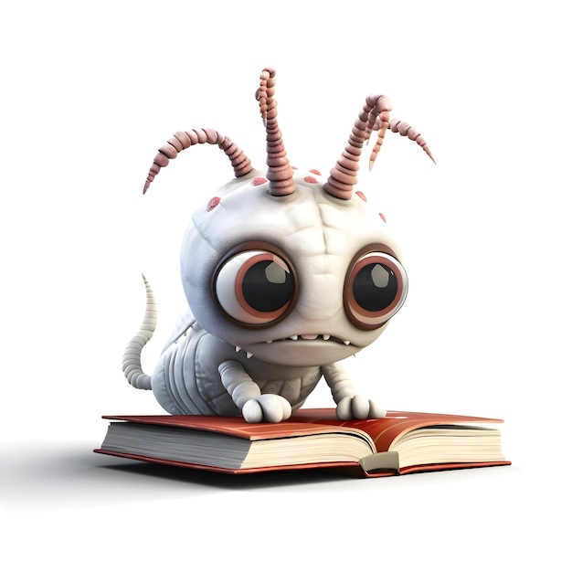 Ilustração 3D de um bonito personagem de desenho animado com livro de fundo branco isolado