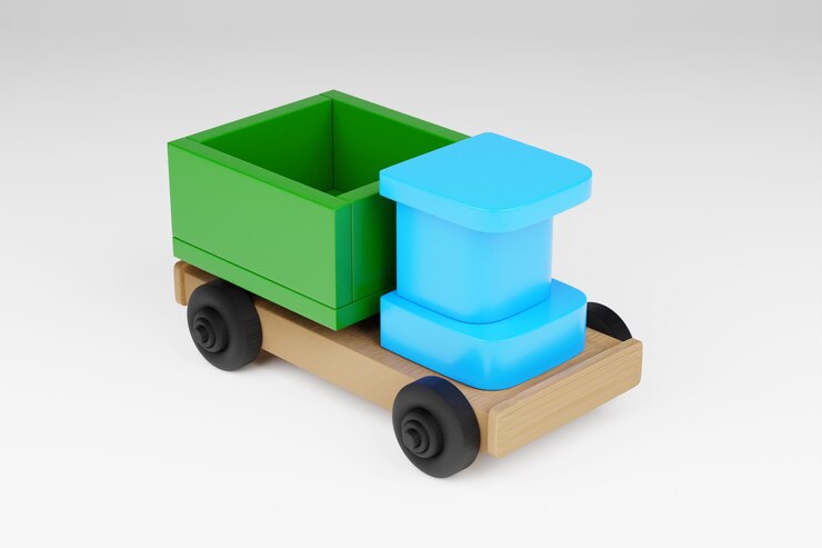 Foto ilustração 3d de um brinquedo infantil de um camião multicolorido sobre um fundo branco isolado brinquedo ecológico para pais e crianças
