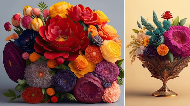 Ilustração 3D de um buquê de flores diferentes em um vaso