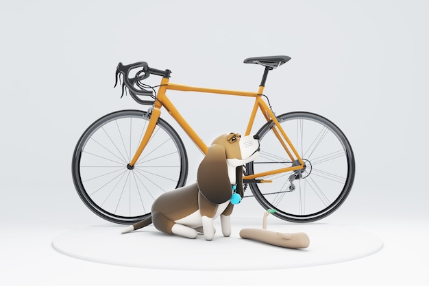 Ilustração 3D de um cachorro sentado ao lado de uma bicicleta