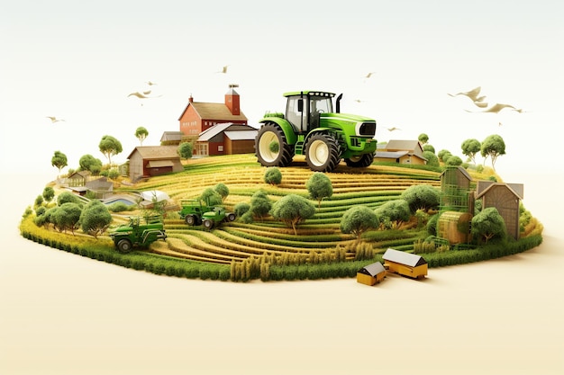 Ilustração 3D de um campo agrícola isolado em fundo branco conceito de agricultura