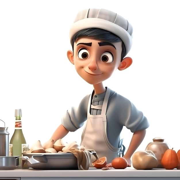 Ilustração 3D de um chef fofo com avental cozinhando na cozinha