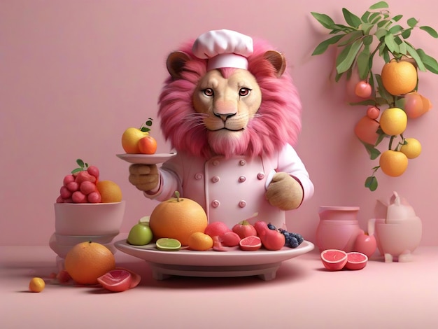 Ilustração 3D de um chef leão com um prato de frutas