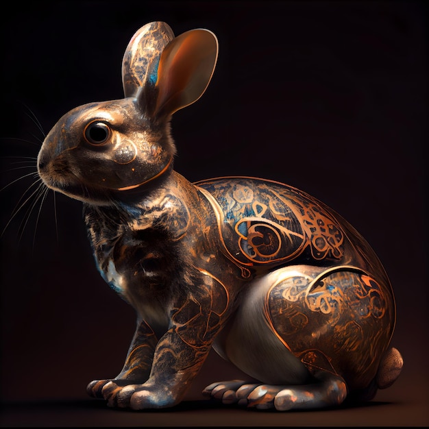 Ilustração 3D de um coelho dourado com um padrão na pele
