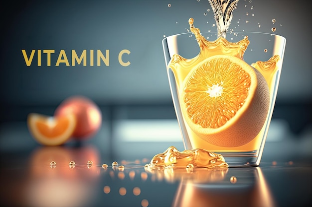 Ilustração 3D de um comprimido efervescente de vitamina C com sabor de laranja dissolvendo-se em um copo de água