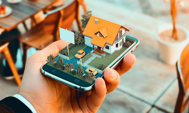 Ilustração 3D de um conceito arquitetônico futurista de uma casa projetada a partir de um smartphone