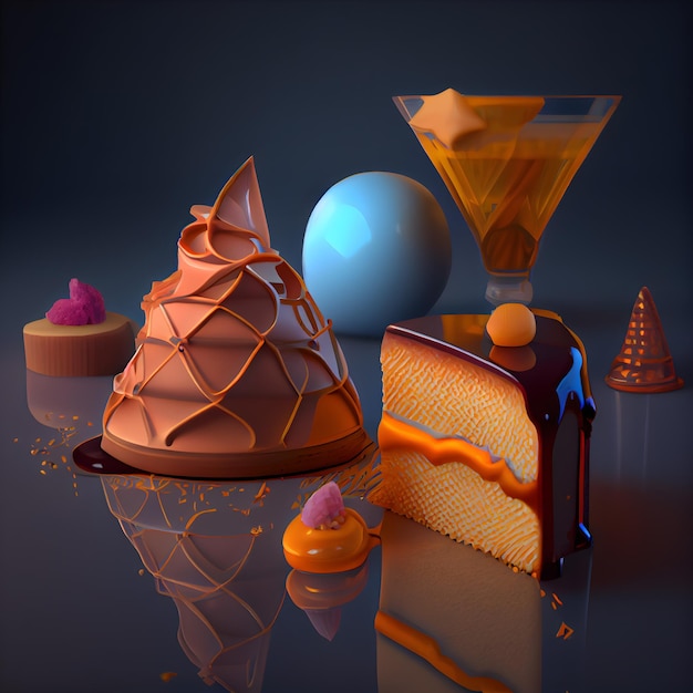 Ilustração 3D de um conjunto de sobremesas em um fundo escuro