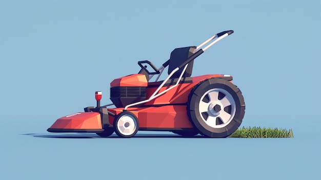 Ilustração 3D de um cortador de grama vermelho em um fundo azul O cortador de gramado está em primeiro plano e está voltado para o espectador em um ligeiro ângulo