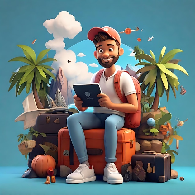 Ilustração 3D de um criador de conteúdo de viagens animado