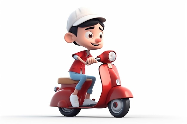 ilustração 3D de um desenho bonito andando de scooter em fundo isolado generativo ai