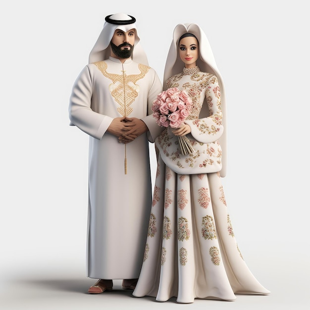 Ilustração 3D de um doce casal dos Emirados Sauditas no dia do casamento gerado por IA