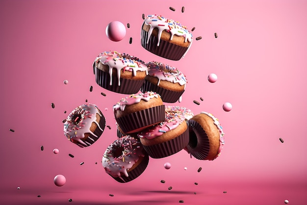 Foto ilustração 3d de um donut rosa brilhante com uma dispersão de decorações voando e caindo em um fundo rosa