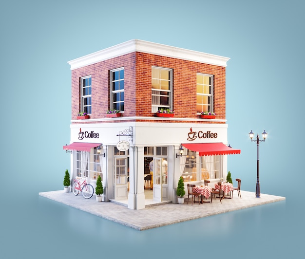 Ilustração 3D de um edifício de café aconchegante com toldo vermelho e mesas ao ar livre