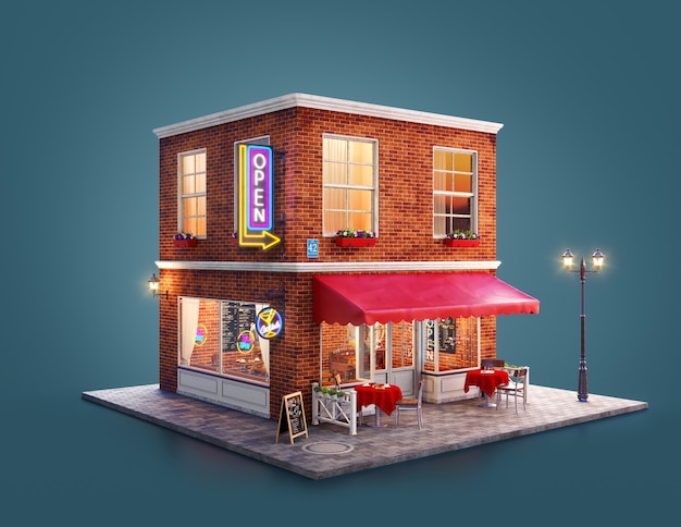 Ilustração 3D de um edifício de discoteca, café, pub ou bar com toldo vermelho, letreiros de néon e mesas ao ar livre