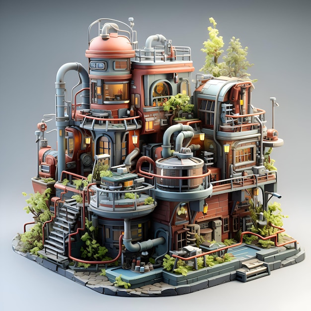 Ilustração 3D de um edifício industrial no estilo de uma fantasia