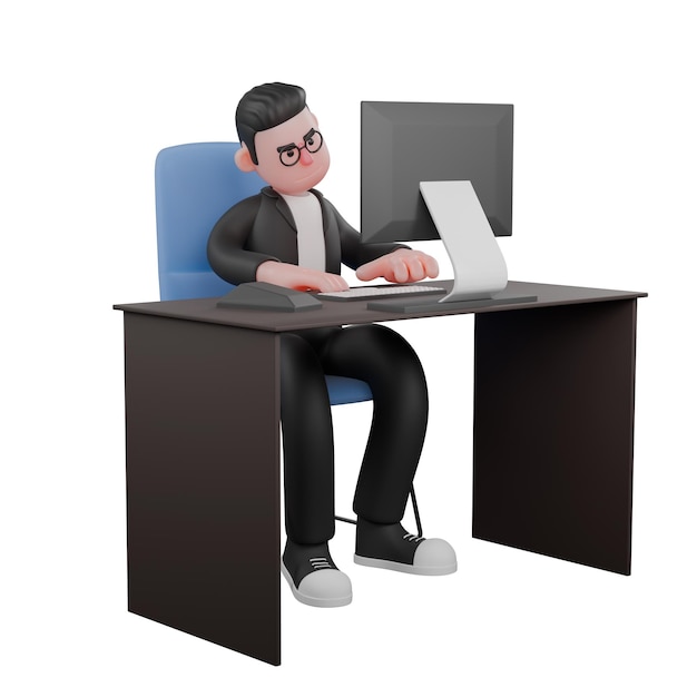 Ilustração 3D de um editor masculino profissional Um editor masculino senta-se enquanto digita em um teclado que é