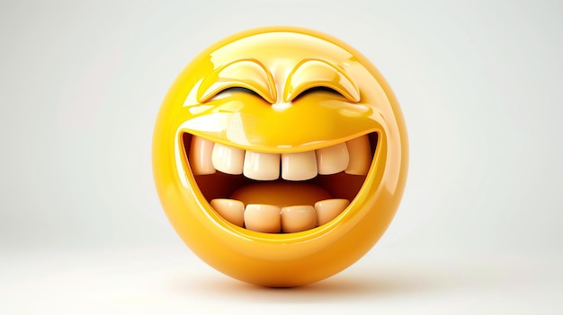 Foto ilustração 3d de um emoji amarelo de rosto rindo com a boca aberta e os olhos fechados