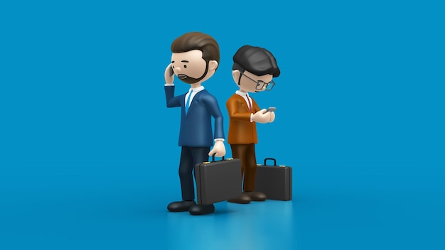 Ilustração 3D de um empresário com um blazer, ocupado usando o telefone fazendo marketing de negócios.