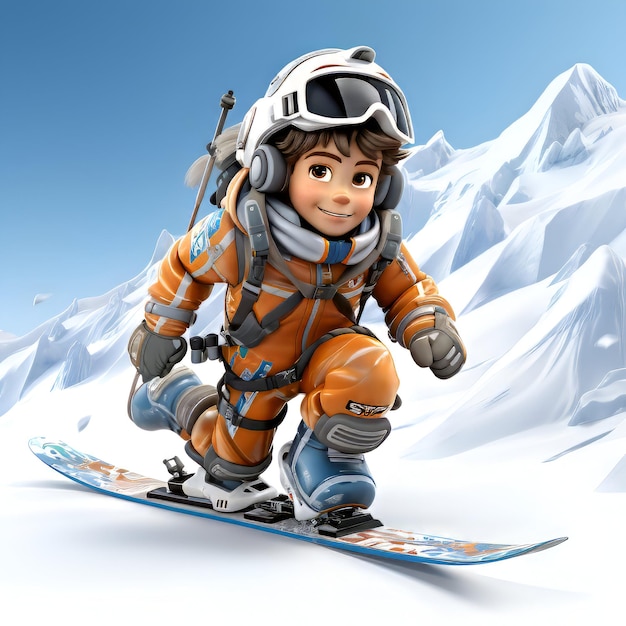 Ilustração 3D de um esquiador de desenho animado em snowboard