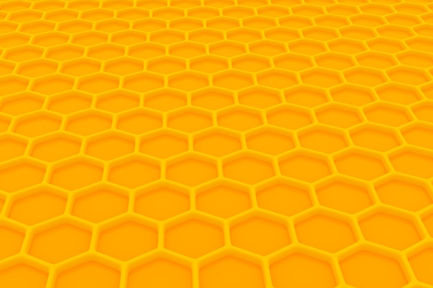 Ilustração 3D de um favo de mel monocromático amarelo do favo de mel para o mel. Padrão de formas hexagonais geométricas simples, fundo de mosaico. Conceito de favo de mel de abelha, colmeia