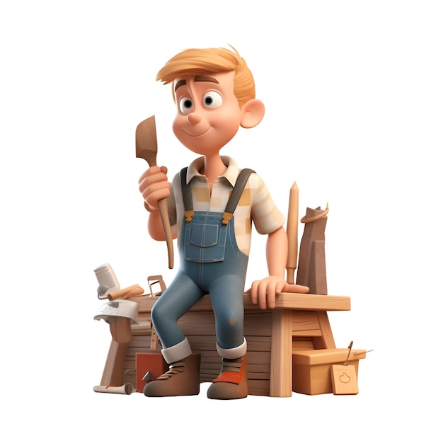 Foto ilustração 3d de um faz-tudo de desenho animado sentado em um banco de madeira com ferramentas