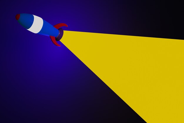 Ilustração 3d de um foguete azul estilo cartoon correndo para o espaço