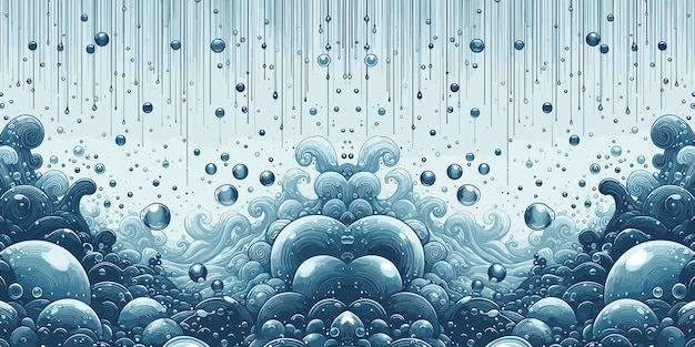 Ilustração 3D de um fundo abstrato com gotas de água, ondas marinhas e bolhas em azul