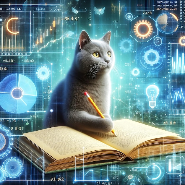 Ilustração 3D de um gato bonito lendo um livro e resolvendo análises de dados matemáticos em conceito